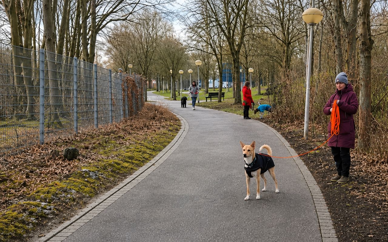 Hund an der Leine unterwegs